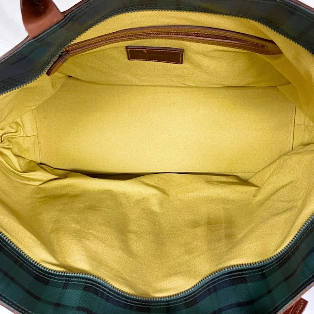 RALPH LAUREN Black Watch Plaid Coated Canvas Brown Leather Top Zip Shoulder Bag